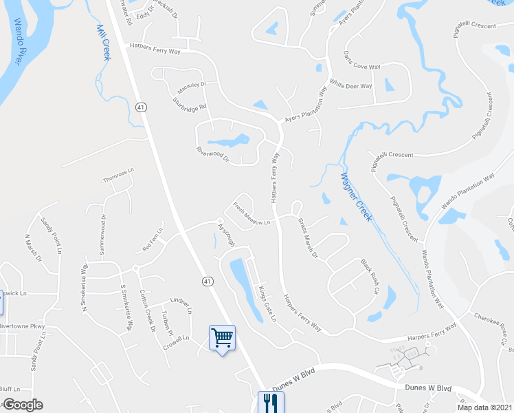 map of restaurants, bars, coffee shops, grocery stores, and more near 128 Fair Sailing Road in Mount Pleasant