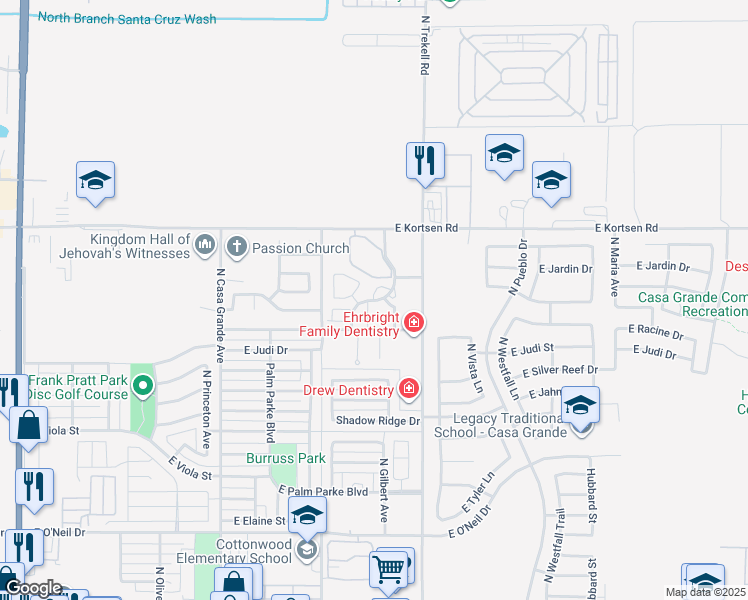 map of restaurants, bars, coffee shops, grocery stores, and more near 1932 North Avenue De Palmas in Casa Grande