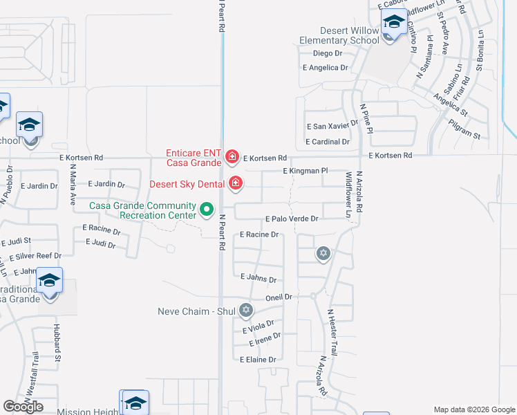 map of restaurants, bars, coffee shops, grocery stores, and more near 1561 East Palo Verde Drive in Casa Grande