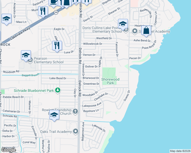 map of restaurants, bars, coffee shops, grocery stores, and more near 8813 Greentree Drive in Rowlett