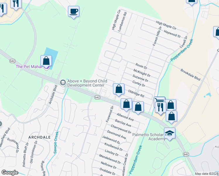 map of restaurants, bars, coffee shops, grocery stores, and more near 7870 Dorchester Road in North Charleston