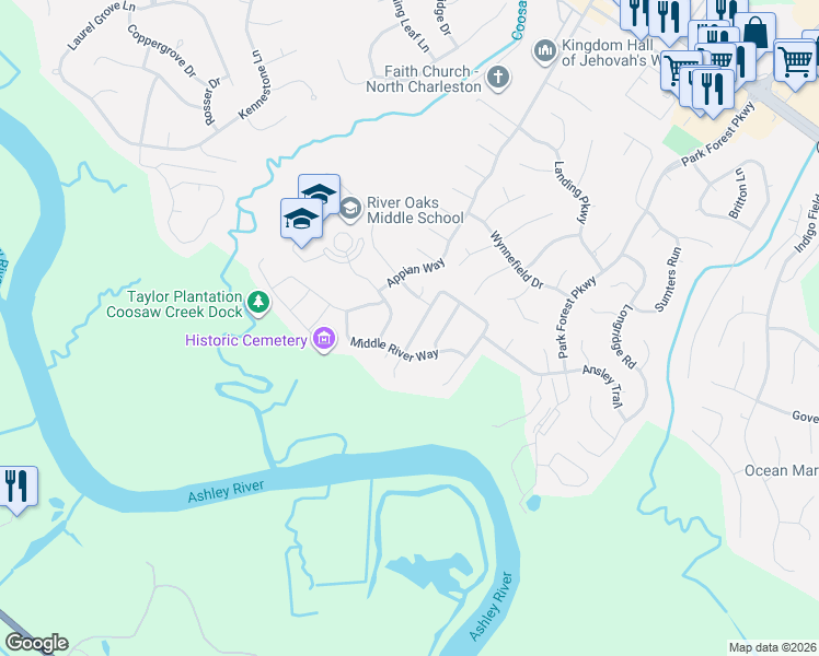 map of restaurants, bars, coffee shops, grocery stores, and more near 5457 Rising Tide in North Charleston