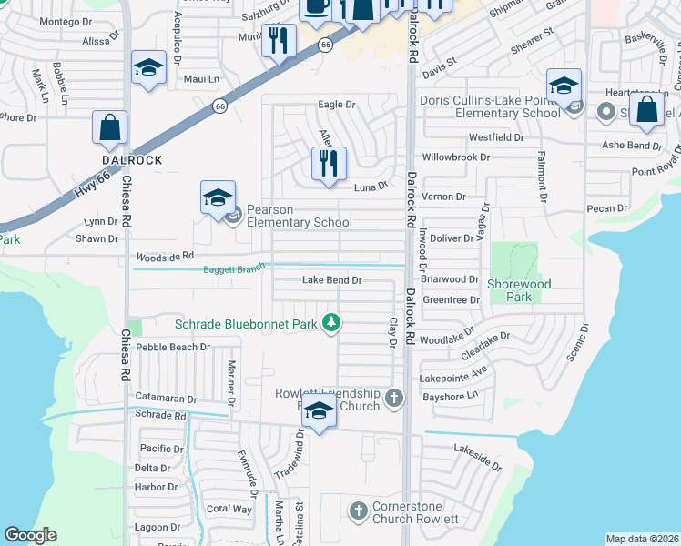 map of restaurants, bars, coffee shops, grocery stores, and more near 8201 Trail Lake Drive in Rowlett