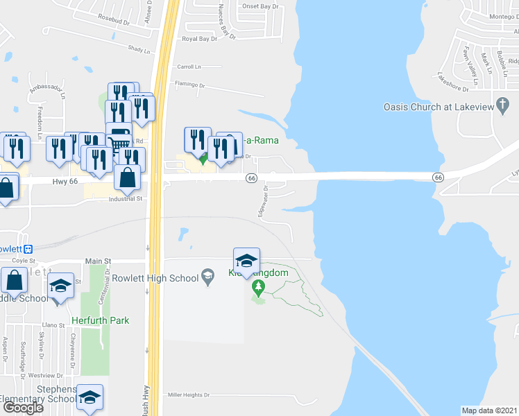 map of restaurants, bars, coffee shops, grocery stores, and more near 5024 Edgewater Drive in Rowlett