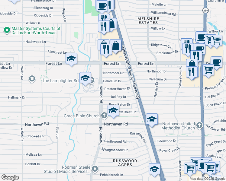 map of restaurants, bars, coffee shops, grocery stores, and more near 5327 Del Roy Drive in Dallas