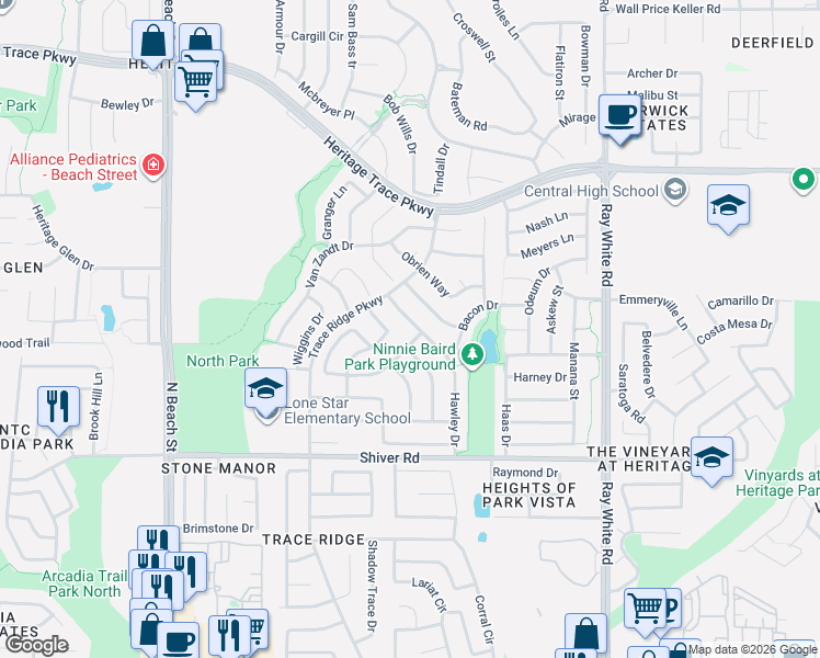 map of restaurants, bars, coffee shops, grocery stores, and more near 9117 Hawley Drive in Fort Worth