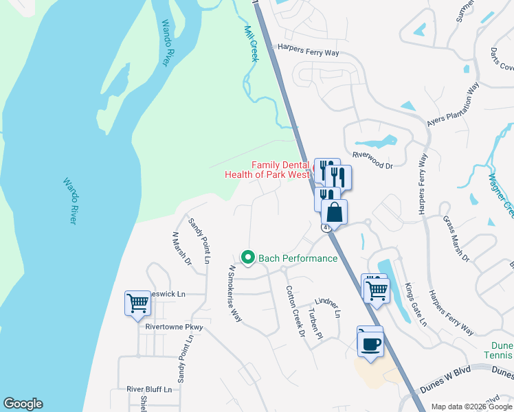 map of restaurants, bars, coffee shops, grocery stores, and more near 2136 Summerwood Drive in Mount Pleasant