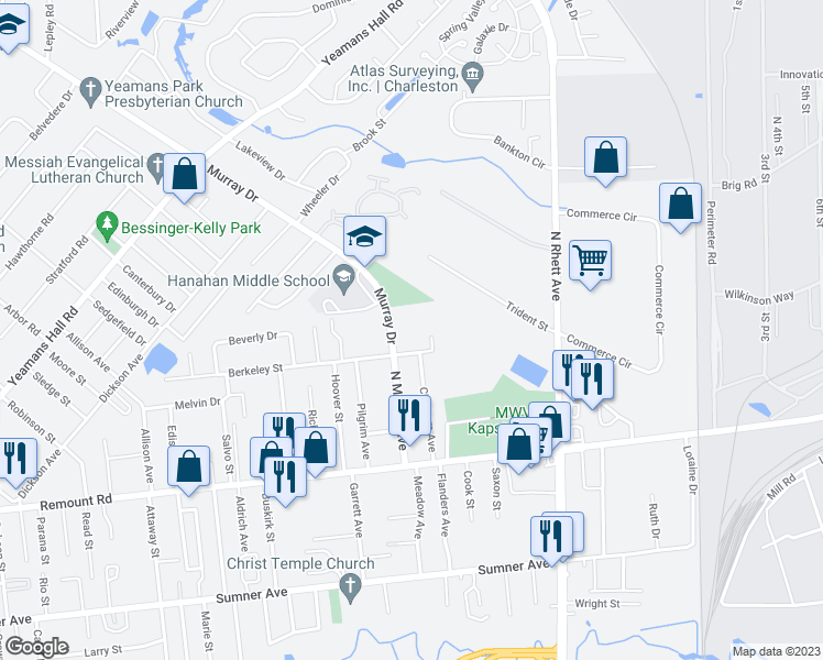 map of restaurants, bars, coffee shops, grocery stores, and more near 1092 Berkeley Street in Hanahan