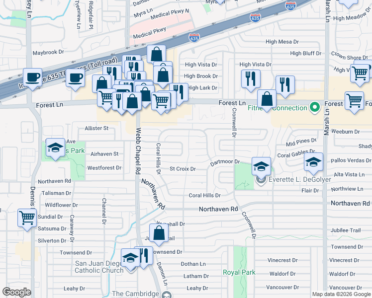 map of restaurants, bars, coffee shops, grocery stores, and more near 3244 Tower Trail in Dallas