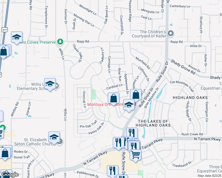 map of restaurants, bars, coffee shops, grocery stores, and more near 604 Shady Bridge Lane in Keller