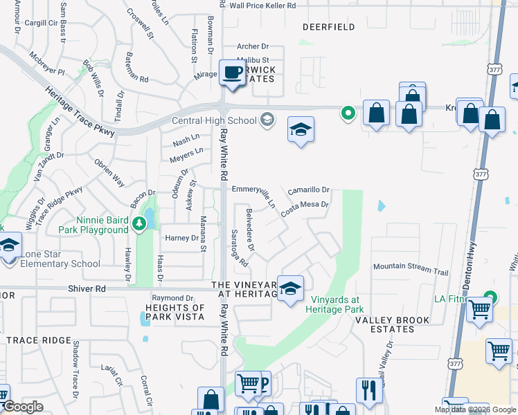 map of restaurants, bars, coffee shops, grocery stores, and more near 9112 Belvedere Drive in Fort Worth