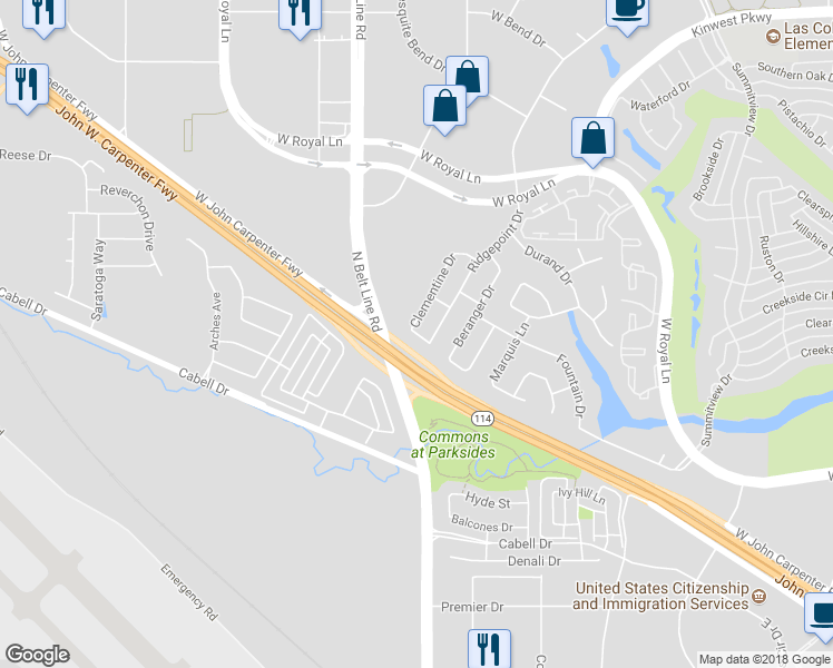 map of restaurants, bars, coffee shops, grocery stores, and more near 7232 Ridgepoint Drive in Irving