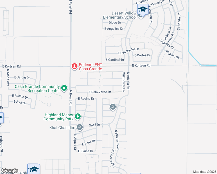 map of restaurants, bars, coffee shops, grocery stores, and more near 1629 East Palo Verde Drive in Casa Grande