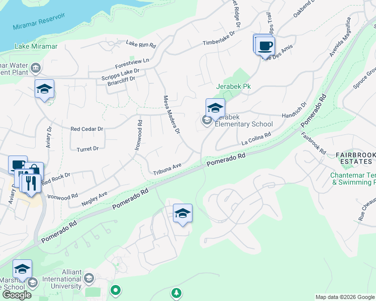 map of restaurants, bars, coffee shops, grocery stores, and more near 9970 Mesa Madera Drive in San Diego