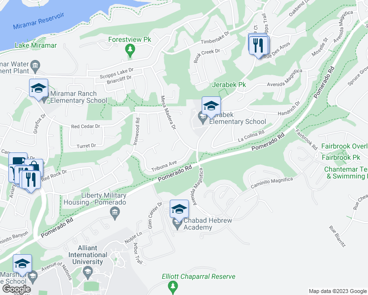 map of restaurants, bars, coffee shops, grocery stores, and more near 9970 Mesa Madera Drive in San Diego