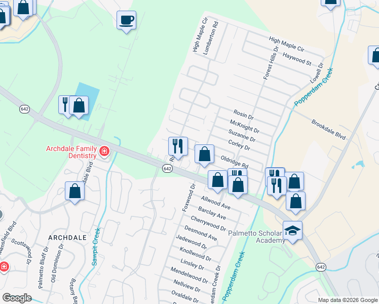 map of restaurants, bars, coffee shops, grocery stores, and more near 7835 Sandida Court in North Charleston