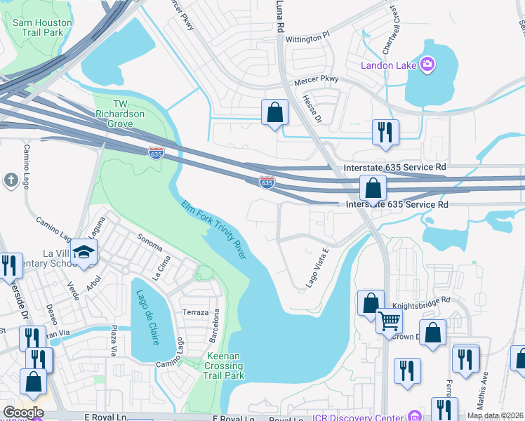 map of restaurants, bars, coffee shops, grocery stores, and more near 11701 Mira Lago Boulevard in Farmers Branch