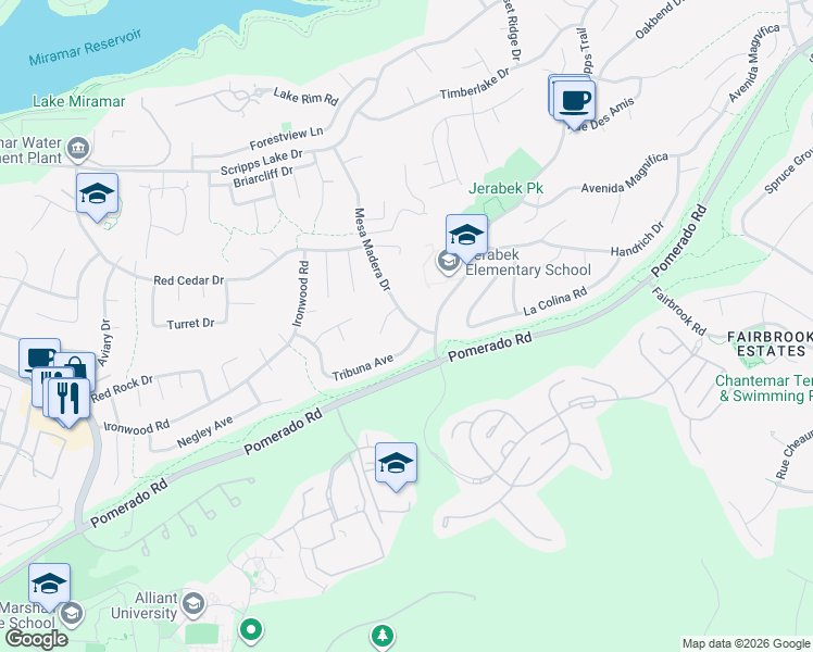 map of restaurants, bars, coffee shops, grocery stores, and more near 9970 Mesa Madera Drive in San Diego