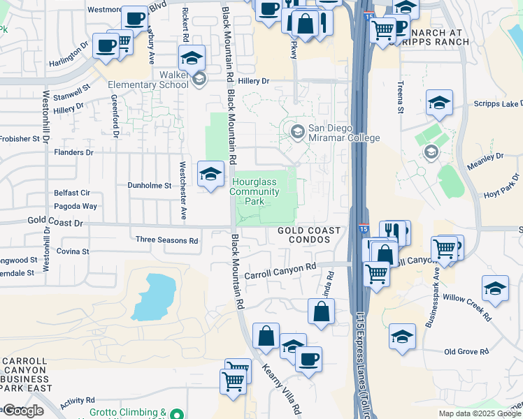 map of restaurants, bars, coffee shops, grocery stores, and more near 10440 Black Mountain Road in San Diego