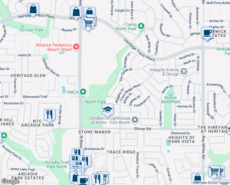 map of restaurants, bars, coffee shops, grocery stores, and more near 4729 Van Zandt Drive in Fort Worth