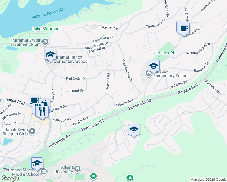 map of restaurants, bars, coffee shops, grocery stores, and more near 9927 Ironwood Place in San Diego