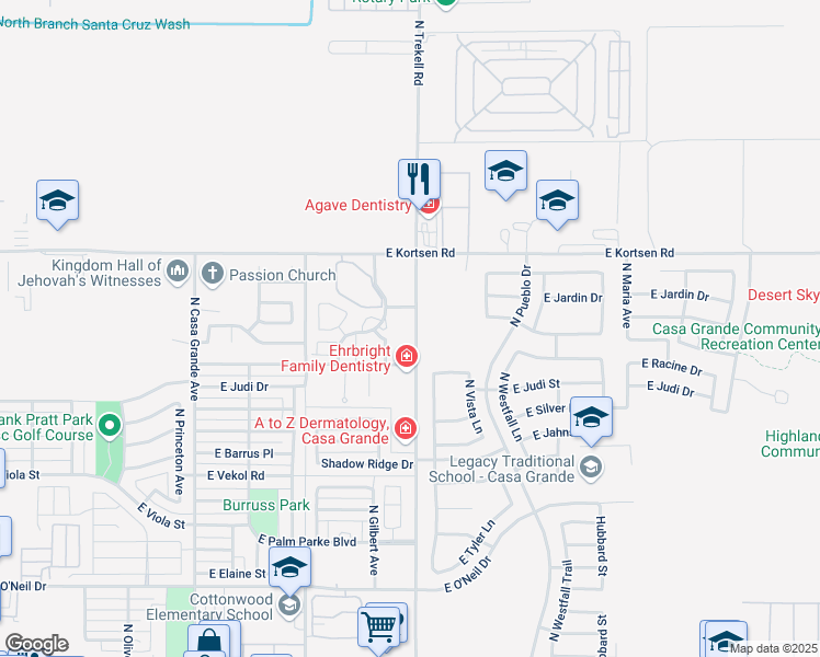 map of restaurants, bars, coffee shops, grocery stores, and more near 1923 North Trekell Road in Casa Grande