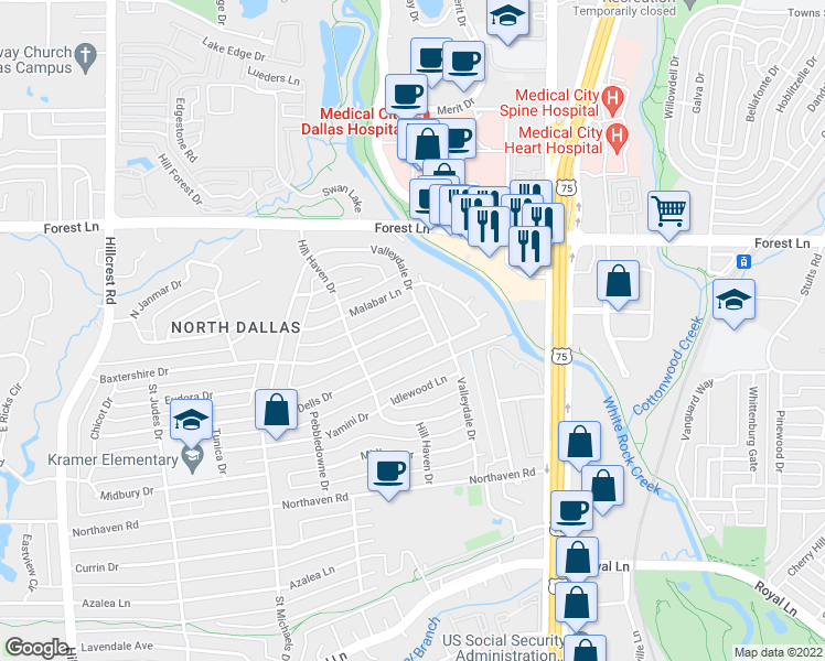 map of restaurants, bars, coffee shops, grocery stores, and more near 11526 Valleydale Drive in Dallas