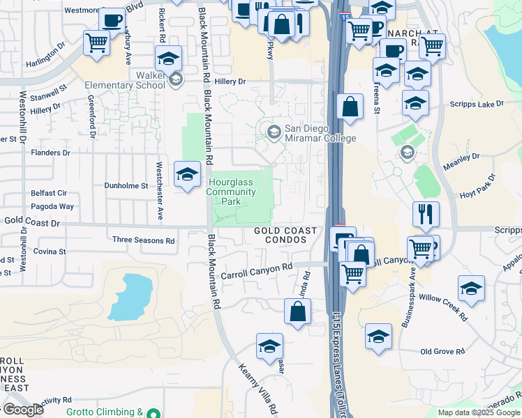 map of restaurants, bars, coffee shops, grocery stores, and more near 10440 Black Mountain Road in San Diego
