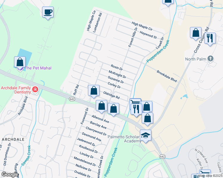 map of restaurants, bars, coffee shops, grocery stores, and more near 7704 Corley Drive in North Charleston