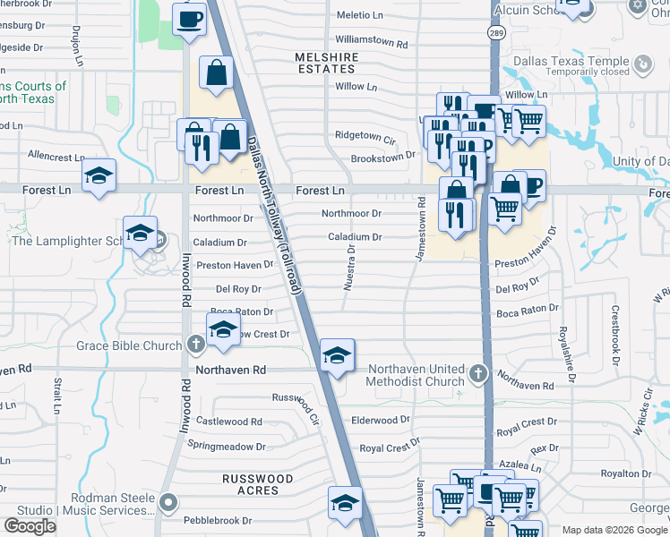 map of restaurants, bars, coffee shops, grocery stores, and more near 5545 Preston Haven Drive in Dallas
