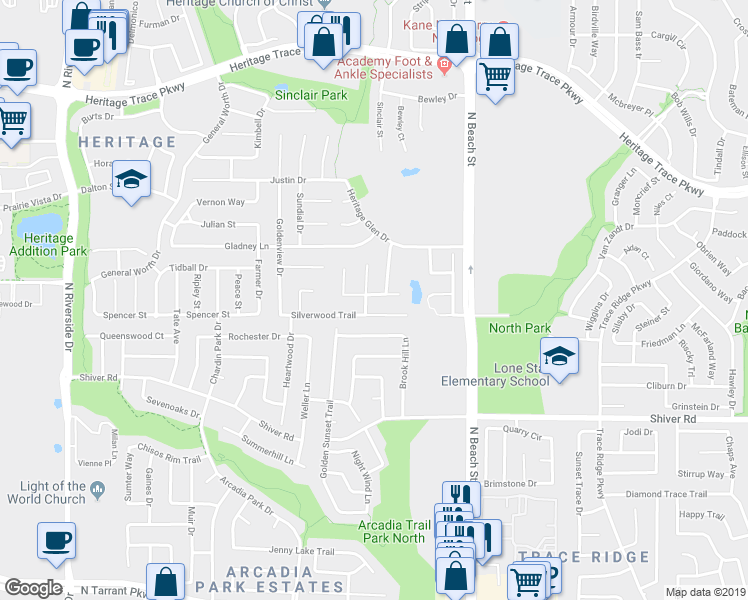 map of restaurants, bars, coffee shops, grocery stores, and more near 9209 Paluxy Drive in Fort Worth