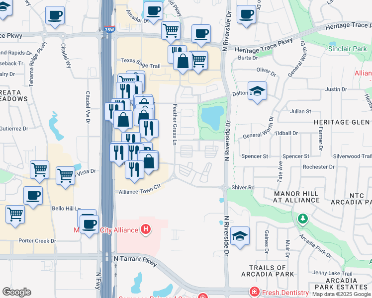 map of restaurants, bars, coffee shops, grocery stores, and more near 3210 Sage Canyon Circle in Fort Worth