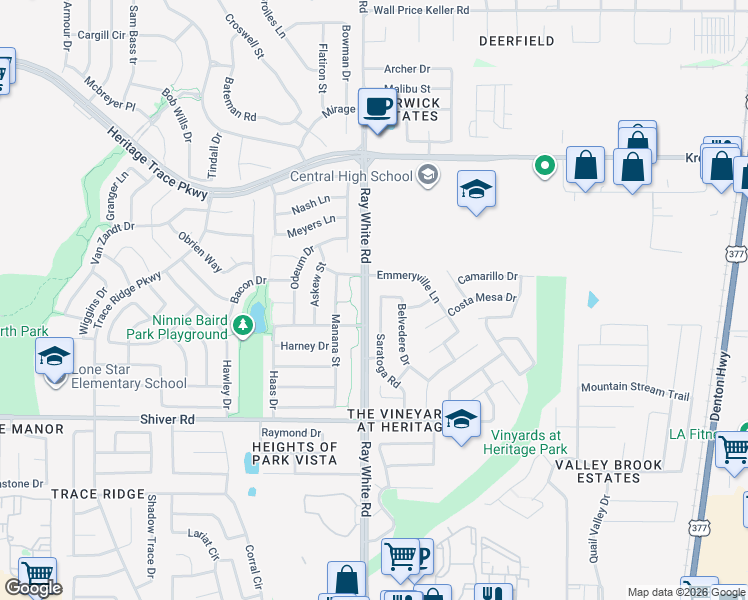 map of restaurants, bars, coffee shops, grocery stores, and more near 9141 Saratoga Road in Fort Worth