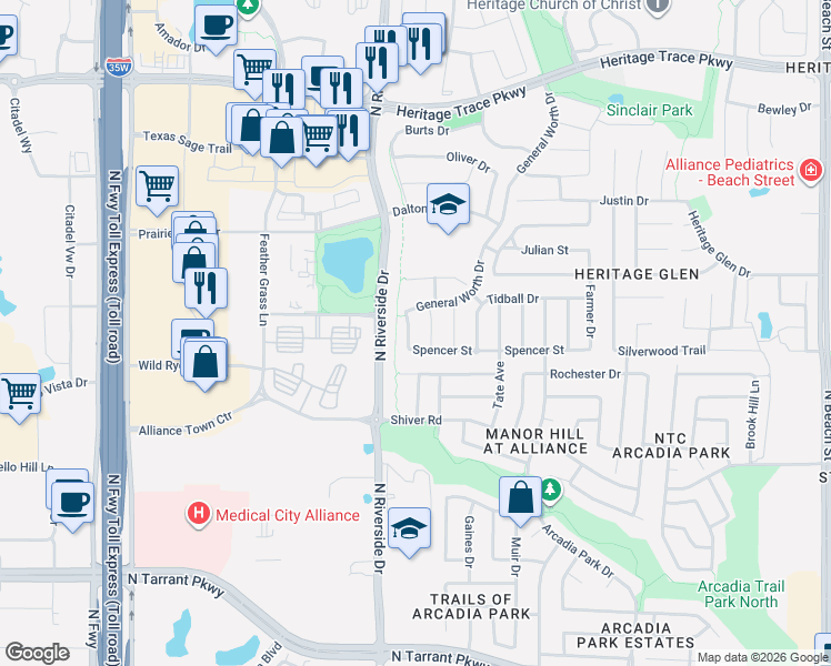 map of restaurants, bars, coffee shops, grocery stores, and more near 9133 Rose Court in Fort Worth