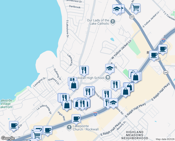 map of restaurants, bars, coffee shops, grocery stores, and more near 2005 Ridge Road in Rockwall
