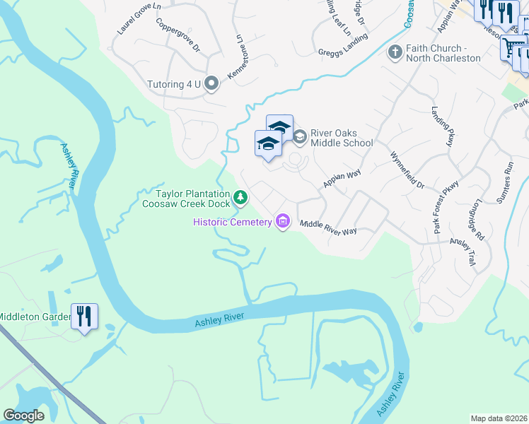 map of restaurants, bars, coffee shops, grocery stores, and more near 8515 Marsh Overlook in North Charleston