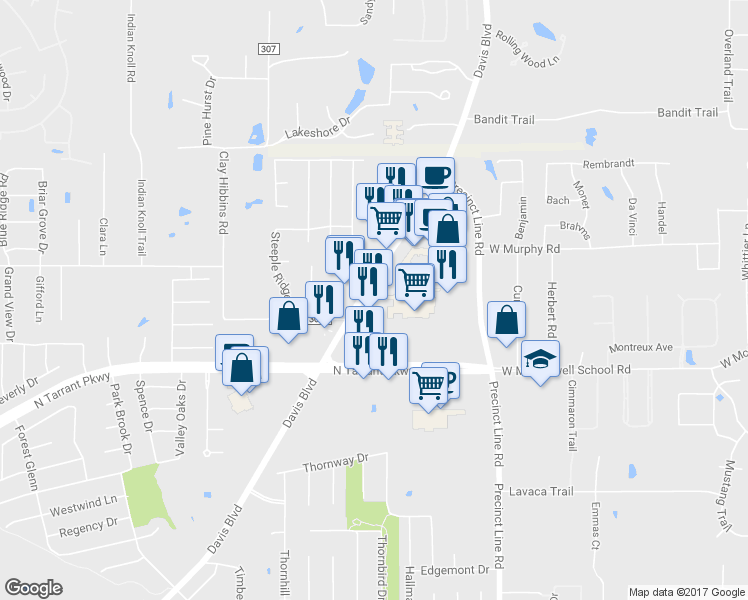 map of restaurants, bars, coffee shops, grocery stores, and more near 8416 Davis Blvd in North Richland Hills