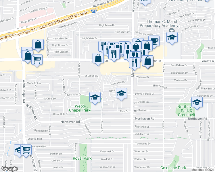 map of restaurants, bars, coffee shops, grocery stores, and more near 3516 Midpines Drive in Dallas