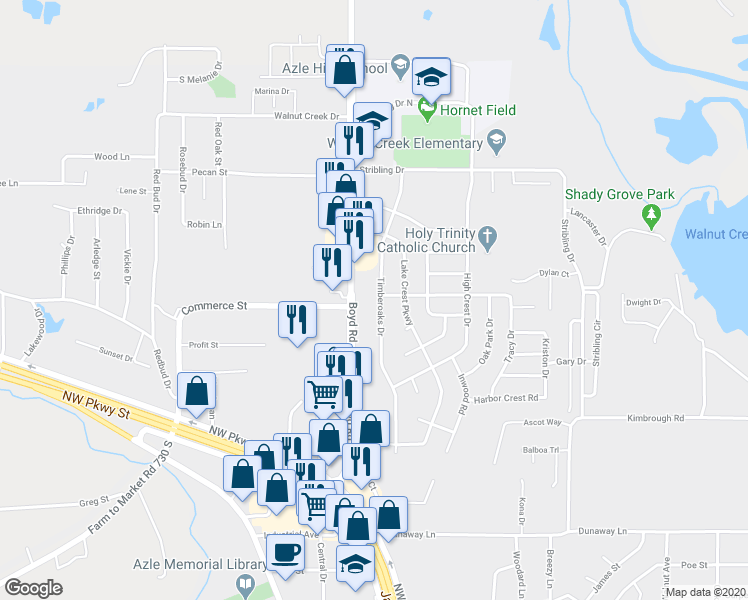 map of restaurants, bars, coffee shops, grocery stores, and more near 761 Timberoaks Drive in Azle