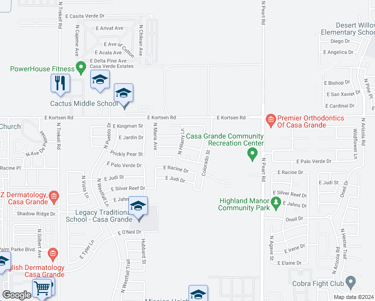 map of restaurants, bars, coffee shops, grocery stores, and more near 1361 Prickly Pear Street in Casa Grande