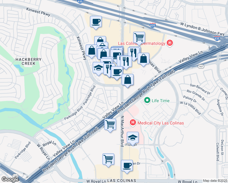map of restaurants, bars, coffee shops, grocery stores, and more near 888 Kinwest Parkway in Irving