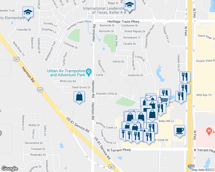 map of restaurants, bars, coffee shops, grocery stores, and more near 9045 Camber Lane in Fort Worth