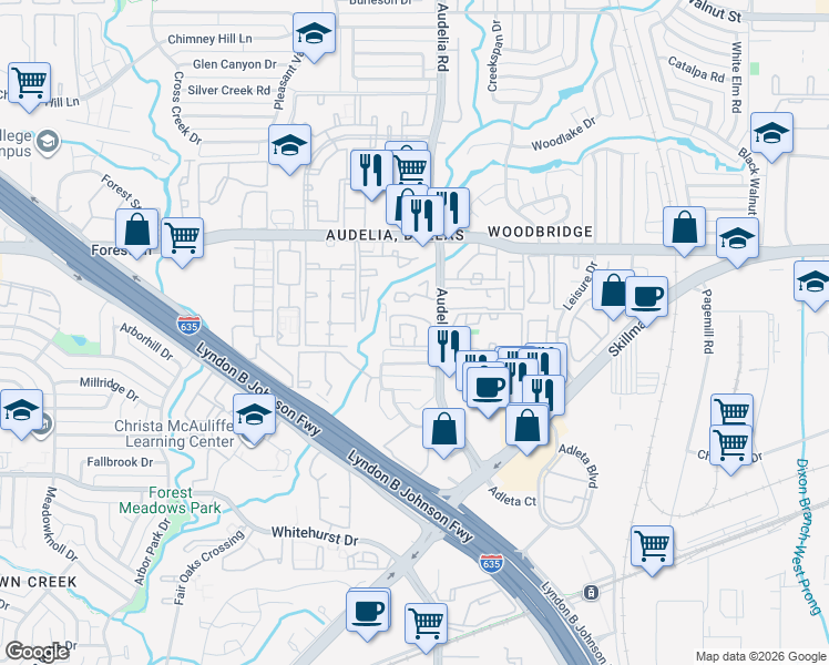 map of restaurants, bars, coffee shops, grocery stores, and more near 11601 Audelia Road in Dallas