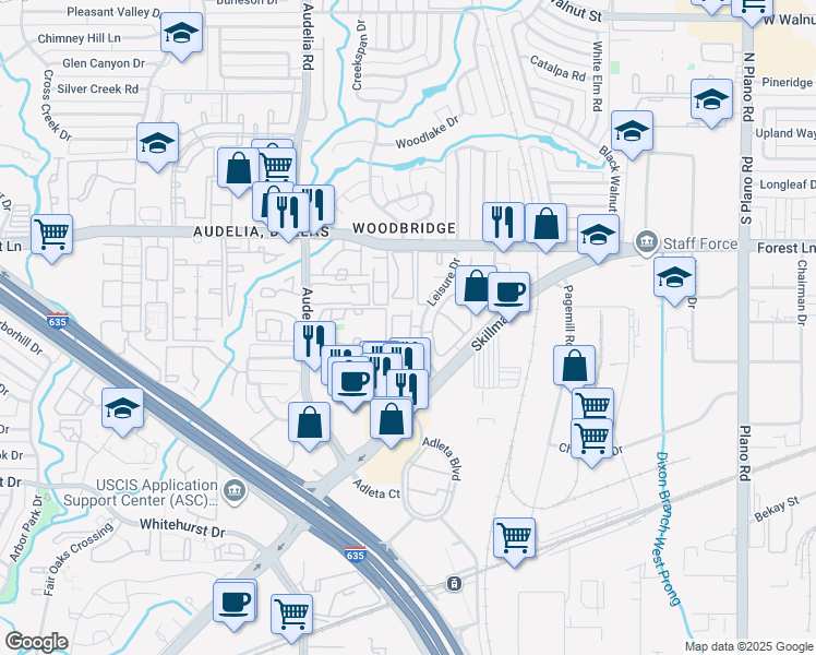 map of restaurants, bars, coffee shops, grocery stores, and more near 11515 Leisure Drive in Dallas