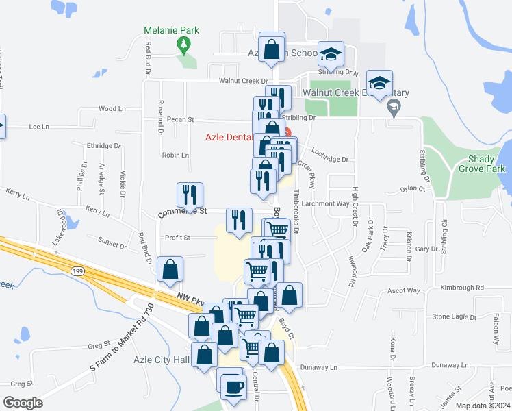 map of restaurants, bars, coffee shops, grocery stores, and more near 531 Commerce Street in Azle