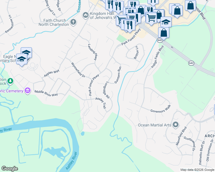 map of restaurants, bars, coffee shops, grocery stores, and more near 5365 Sumters Run in Charleston