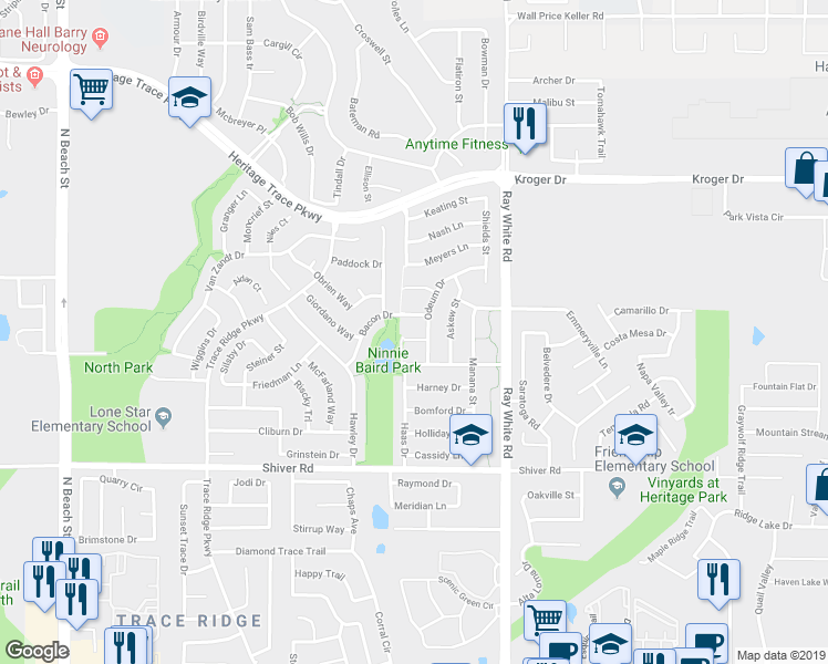 map of restaurants, bars, coffee shops, grocery stores, and more near 5012 Bacon Drive in Fort Worth