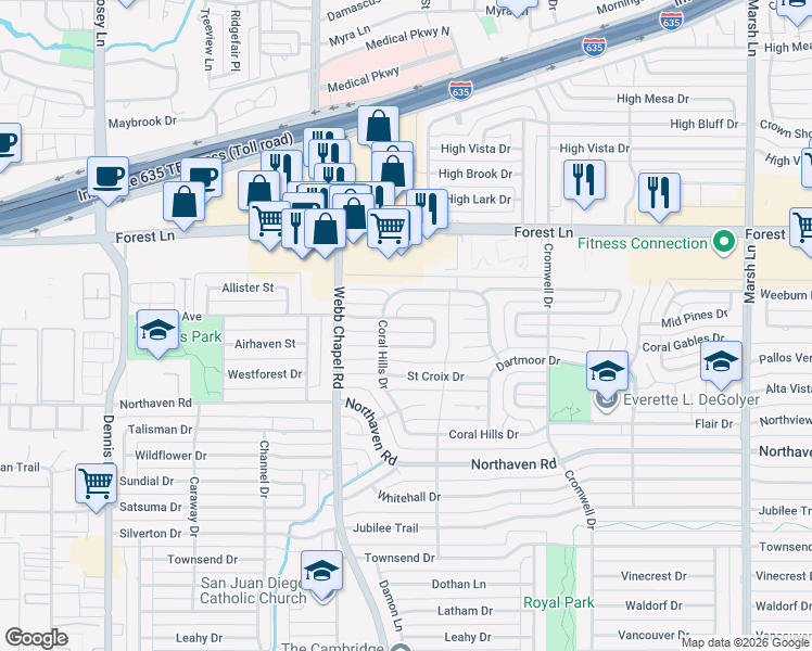 map of restaurants, bars, coffee shops, grocery stores, and more near 3215 Modella Avenue in Dallas