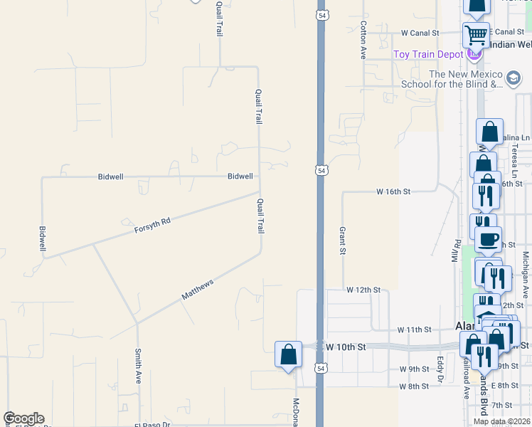 map of restaurants, bars, coffee shops, grocery stores, and more near 89 Quail Trail in Alamogordo
