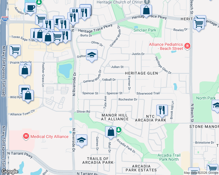map of restaurants, bars, coffee shops, grocery stores, and more near 9132 Tate Avenue in Fort Worth